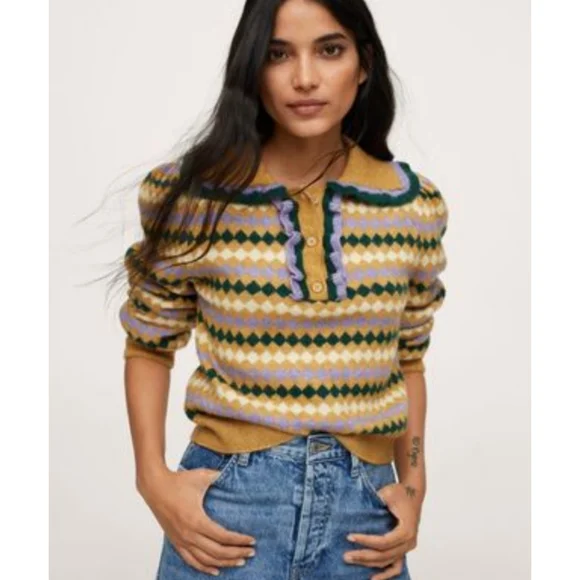 Mango Retro Stripes Acrylic Knit With Collar Ruffle Detail Pullover Sweater NWOT - Picture 2 of 11